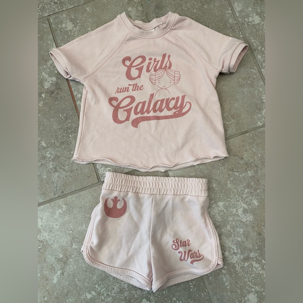 Star Wars 2 piece shirt/ short set. Girls 5T. Pink- “ girls run the galaxy “